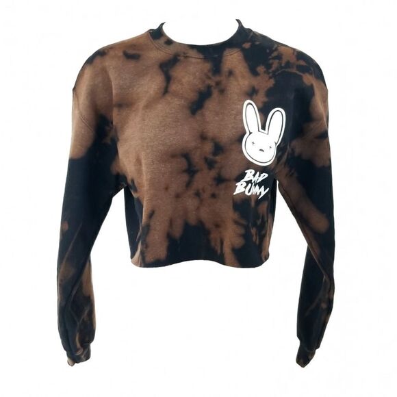 BAD BUNNY Acid Wash, Distressed Cropped Crop Top Long Sleeve Crewneck Sweatshirt - Picture 1 of 5